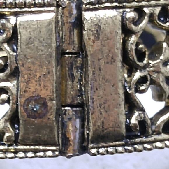 Brass Filigree Purple Green Rhinestone Hinged Bracelet, Magnetic Clasp, 7 Inches - Picture 8 of 8